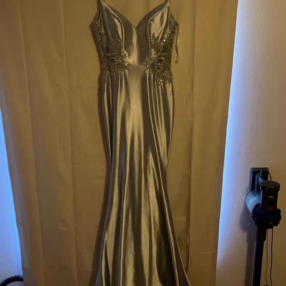 Silver Ruched Sleeveless Prom Gown - Picture 4 of 4